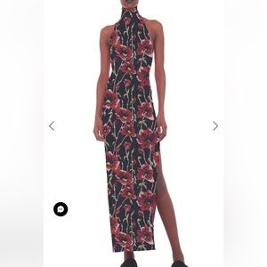 Norma Kamali Black Floral HALTER TURTLE SIDE SLIT GOWN Dress